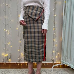 Asymmetrical Plaid Skirt with Red Trim